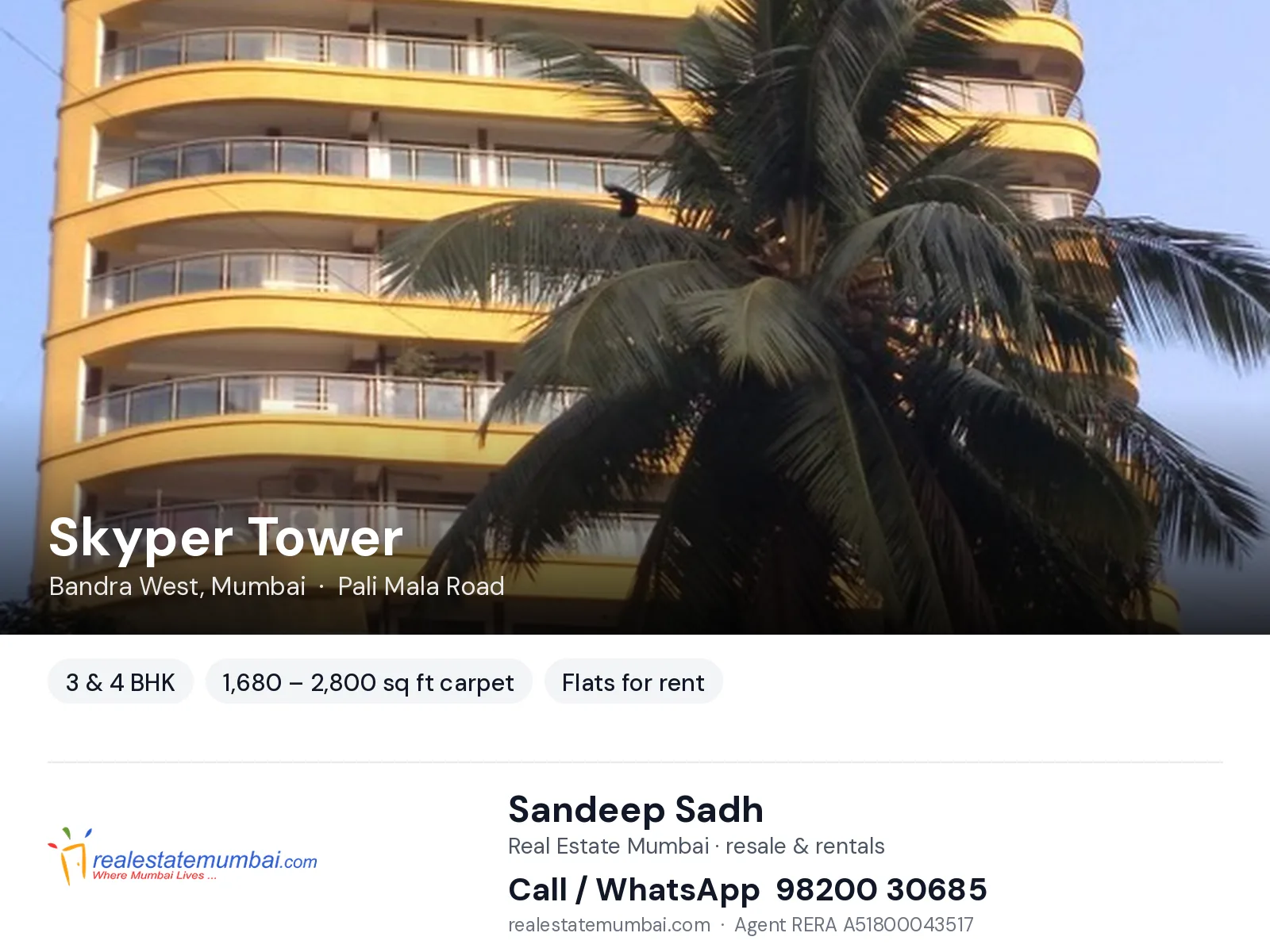 Skyper Tower, Bandra West, Mumbai — 3 & 4 BHK flats for rent | Real Estate Mumbai, Sandeep Sadh 98200 30685