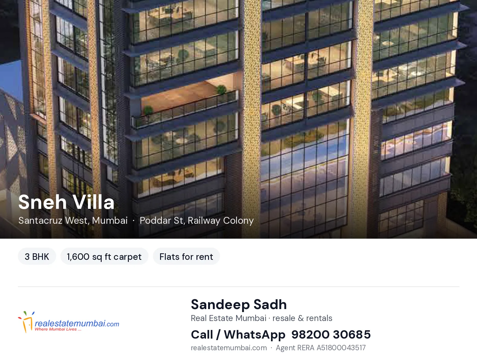 Sneh Villa, Santacruz West, Mumbai — 3 BHK flats for rent | Real Estate Mumbai, Sandeep Sadh 98200 30685