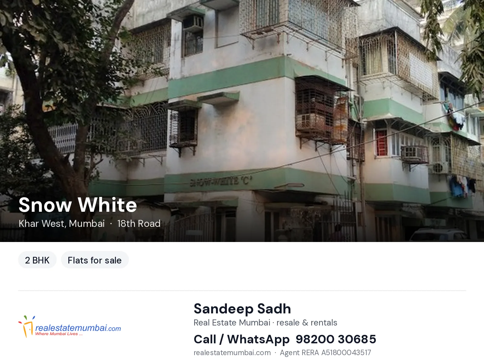 Snow White, Khar West, Mumbai — 2 BHK flats for sale | Real Estate Mumbai, Sandeep Sadh 98200 30685