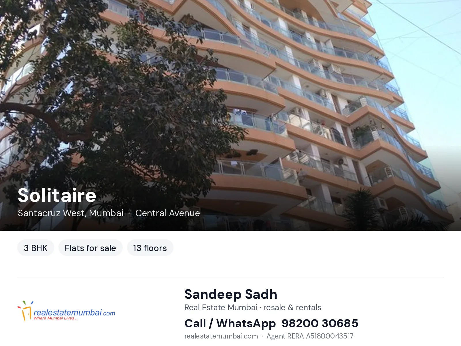 Solitaire, Santacruz West, Mumbai — 3 BHK flats for sale | Real Estate Mumbai, Sandeep Sadh 98200 30685