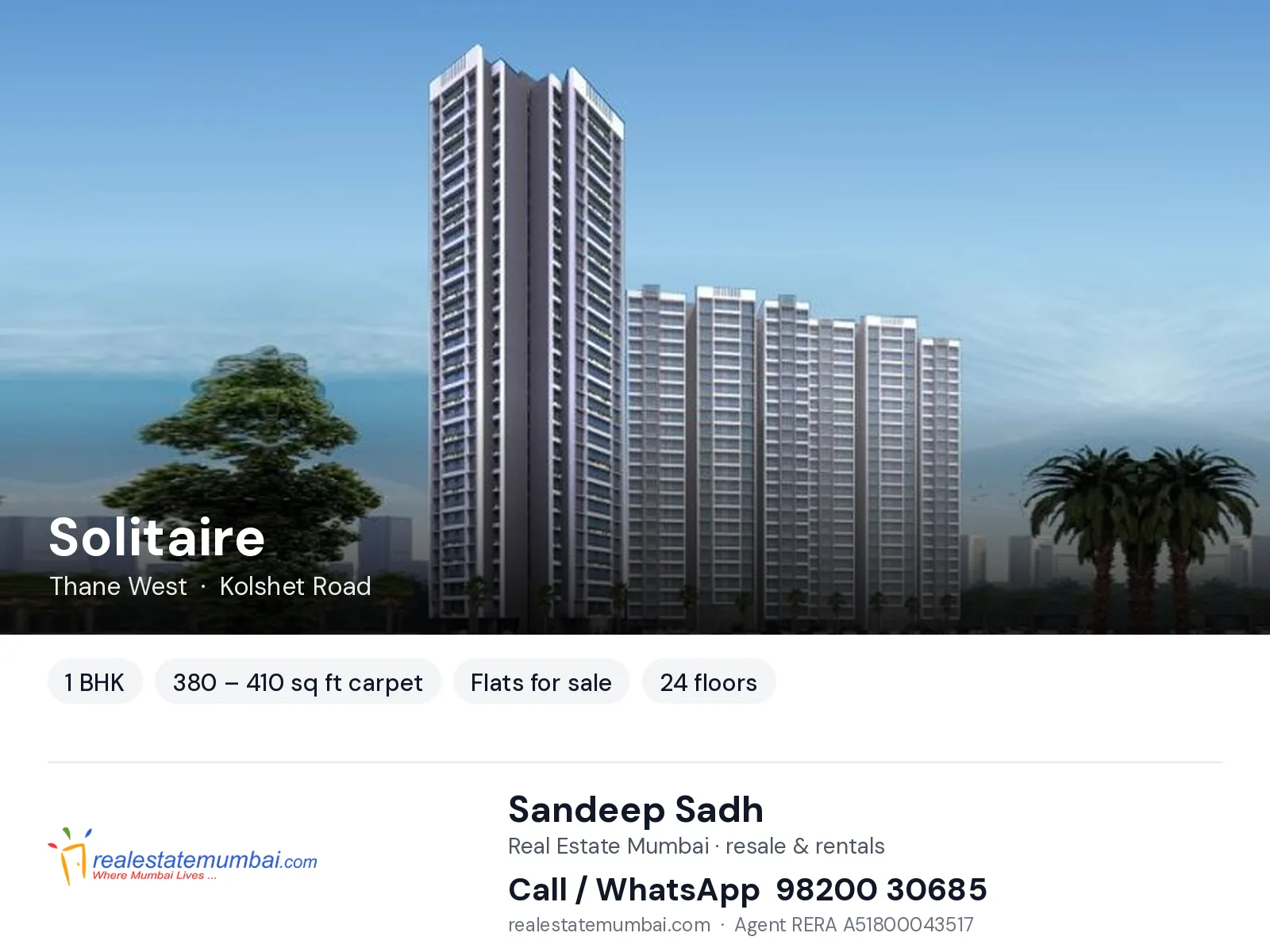 Solitaire, Thane West — 1 BHK flats for sale | Real Estate Mumbai, Sandeep Sadh 98200 30685