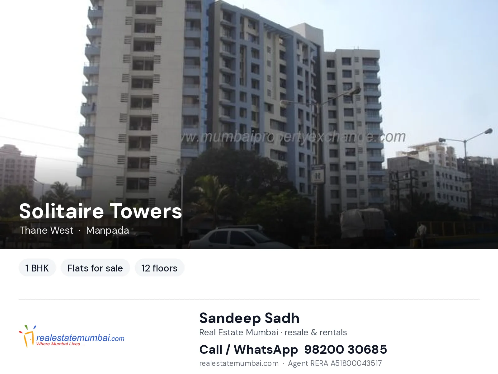 Solitaire Towers, Thane West — 1 BHK flats for sale | Real Estate Mumbai, Sandeep Sadh 98200 30685