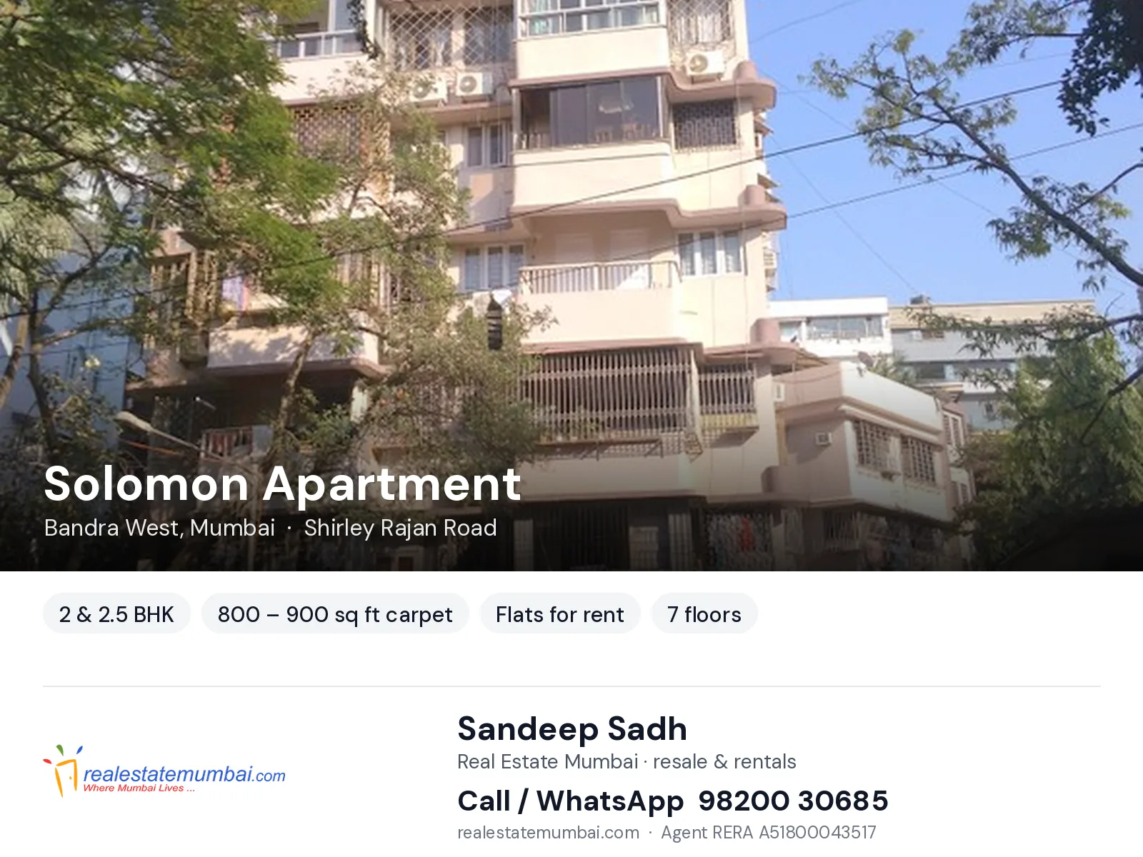 Solomon Apartment, Bandra West, Mumbai — 2 & 2.5 BHK flats for rent | Real Estate Mumbai, Sandeep Sadh 98200 30685