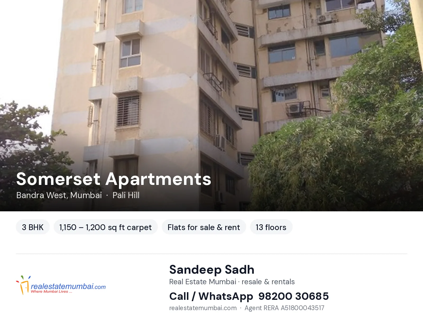 Somerset Apartments, Bandra West, Mumbai — 3 BHK flats for sale & rent | Real Estate Mumbai, Sandeep Sadh 98200 30685