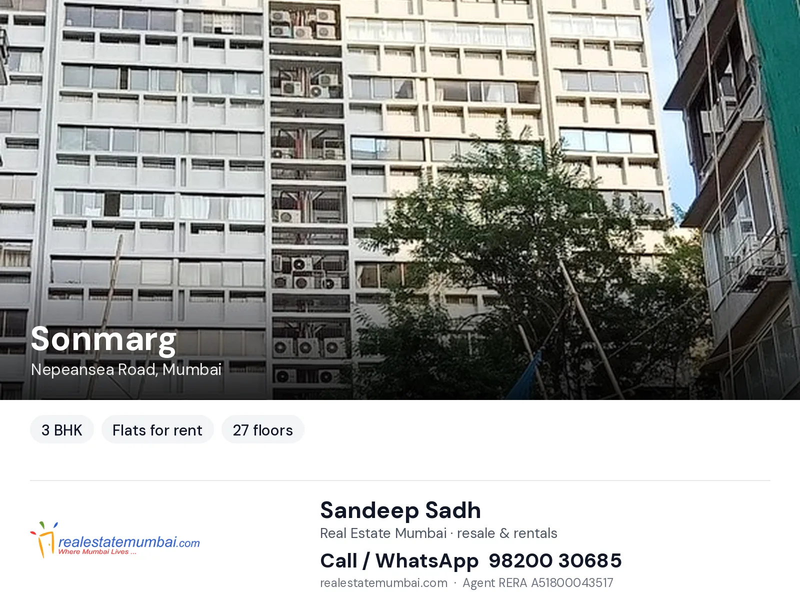 Sonmarg, Nepeansea Road, Mumbai — 3 BHK flats for rent | Real Estate Mumbai, Sandeep Sadh 98200 30685