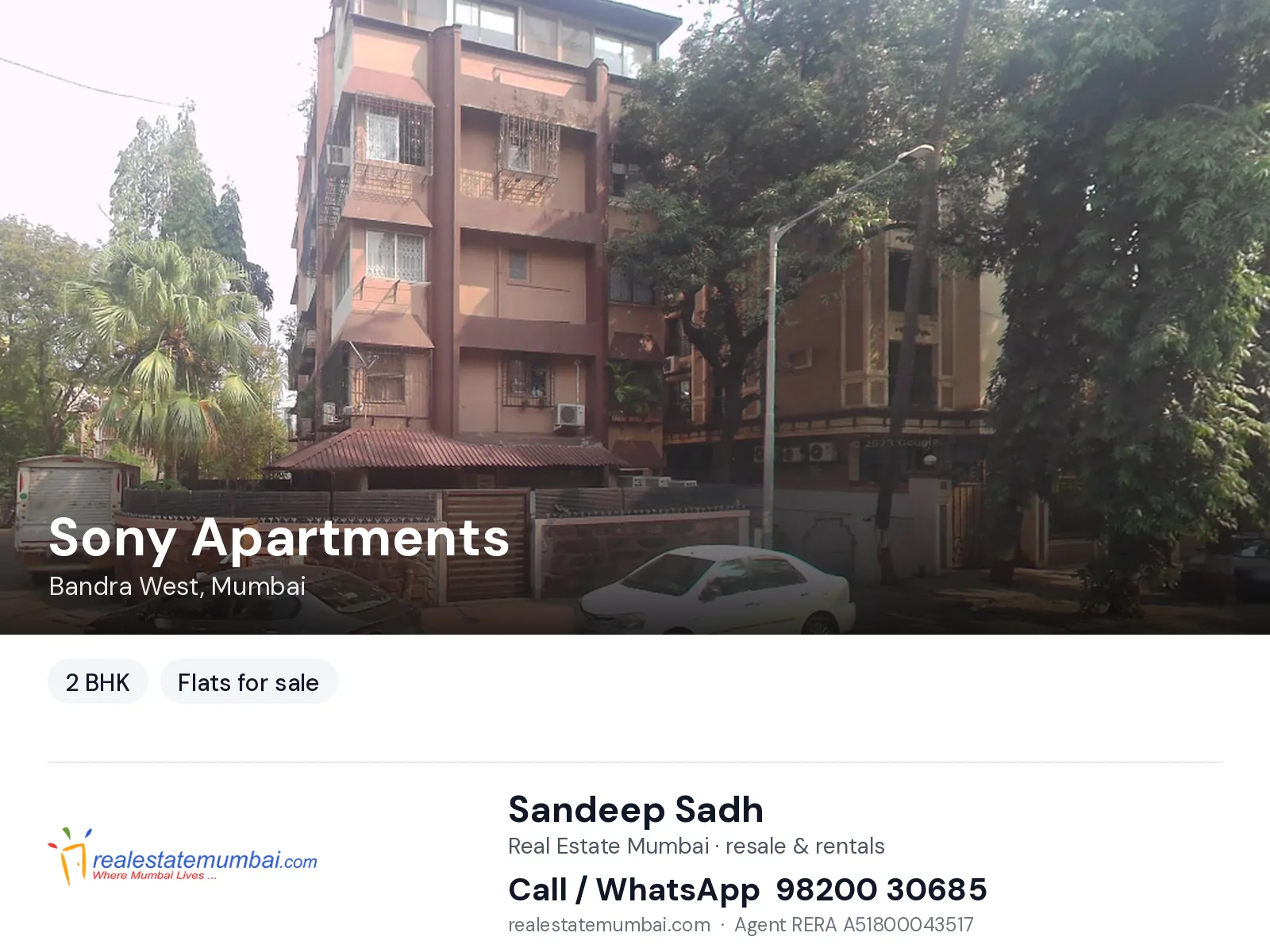 Sony Apartments, Bandra West, Mumbai — 2 BHK flats for sale | Real Estate Mumbai, Sandeep Sadh 98200 30685