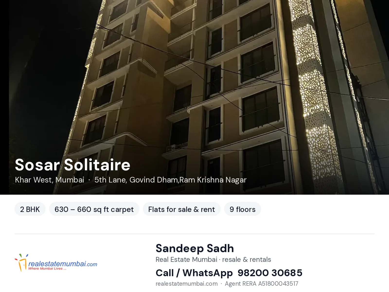 Sosar Solitaire, Khar West, Mumbai — 2 BHK flats for sale & rent | Real Estate Mumbai, Sandeep Sadh 98200 30685