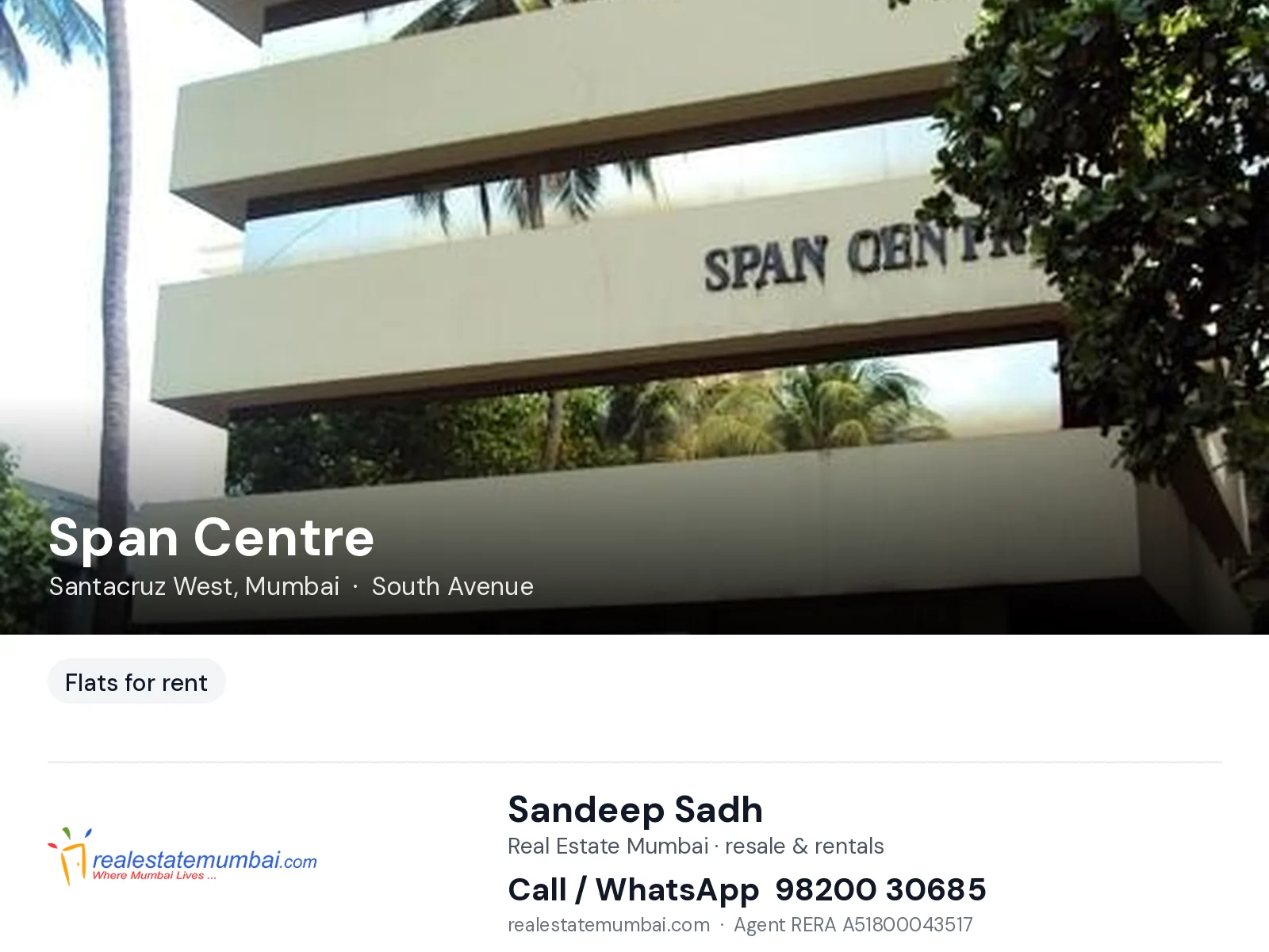 Span Centre, Santacruz West, Mumbai — flats for rent | Real Estate Mumbai, Sandeep Sadh 98200 30685