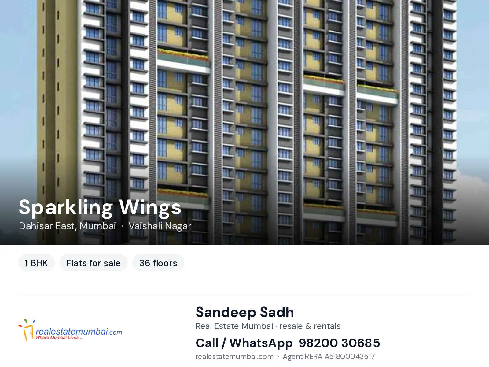 Sparkling Wings, Dahisar East, Mumbai — 1 BHK flats for sale | Real Estate Mumbai, Sandeep Sadh 98200 30685