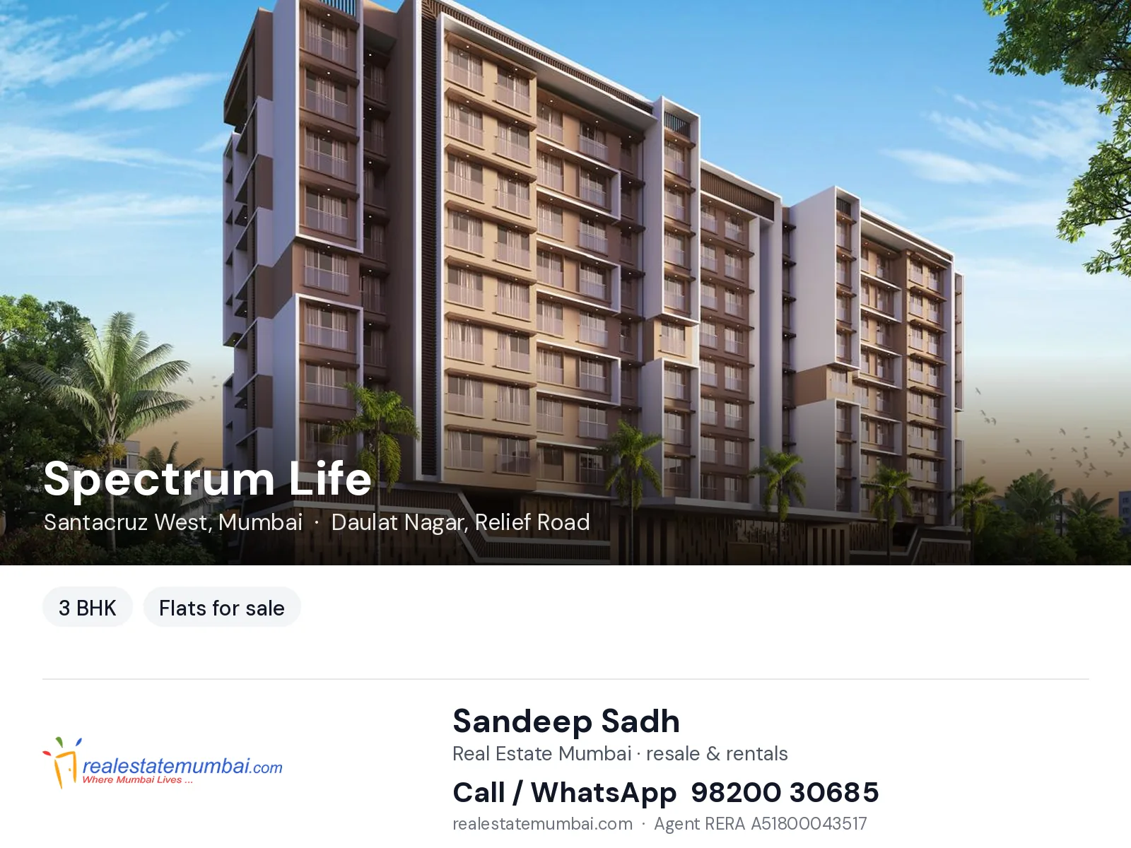 Spectrum Life, Santacruz West, Mumbai — 3 BHK flats for sale | Real Estate Mumbai, Sandeep Sadh 98200 30685