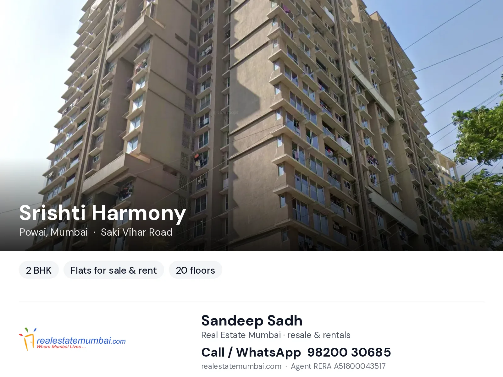 Srishti Harmony, Powai, Mumbai — 2 BHK flats for sale & rent | Real Estate Mumbai, Sandeep Sadh 98200 30685