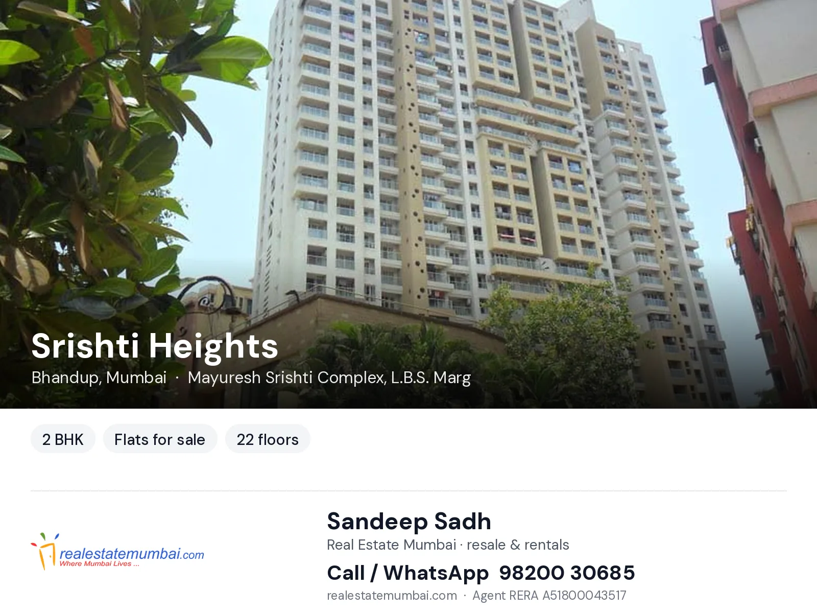 Srishti Heights, Bhandup, Mumbai — 2 BHK flats for sale | Real Estate Mumbai, Sandeep Sadh 98200 30685