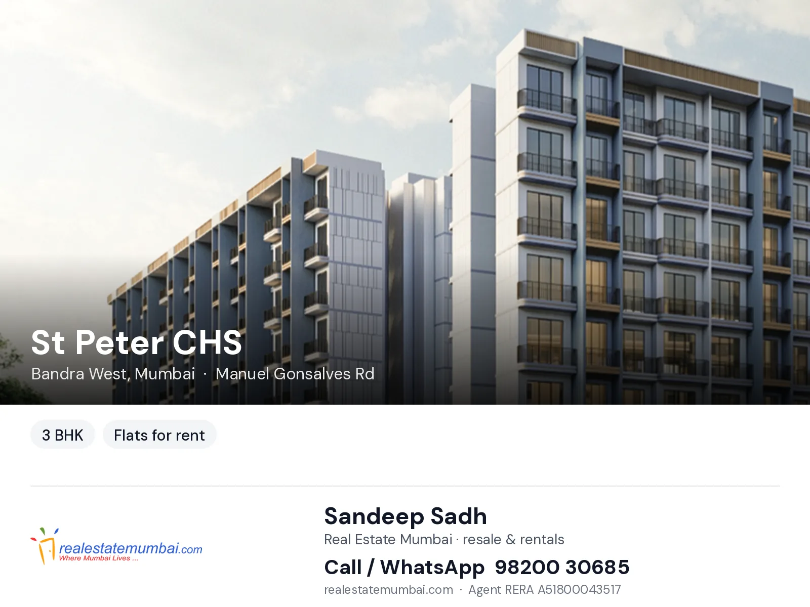 St Peter CHS, Bandra West, Mumbai — 3 BHK flats for rent | Real Estate Mumbai, Sandeep Sadh 98200 30685