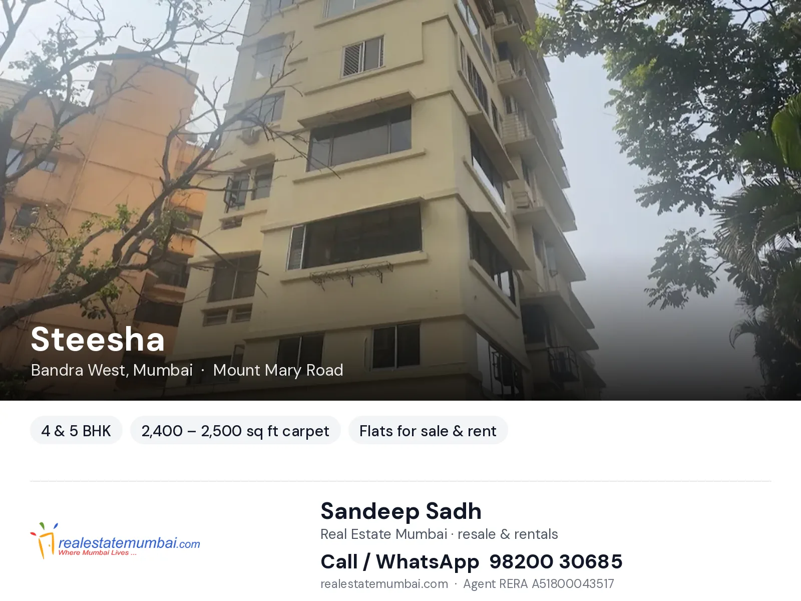 Steesha, Bandra West, Mumbai — 4 & 5 BHK flats for sale & rent | Real Estate Mumbai, Sandeep Sadh 98200 30685