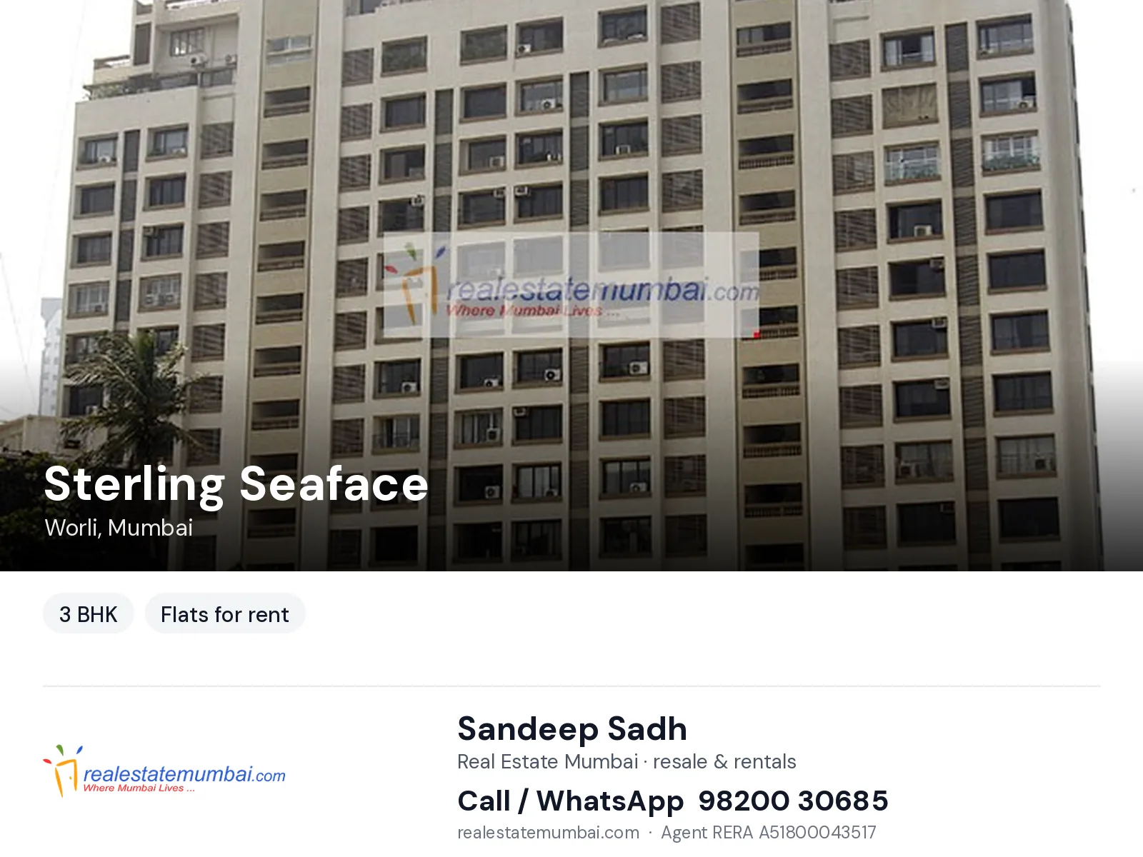 Sterling Seaface, Worli, Mumbai — 3 BHK flats for rent | Real Estate Mumbai, Sandeep Sadh 98200 30685