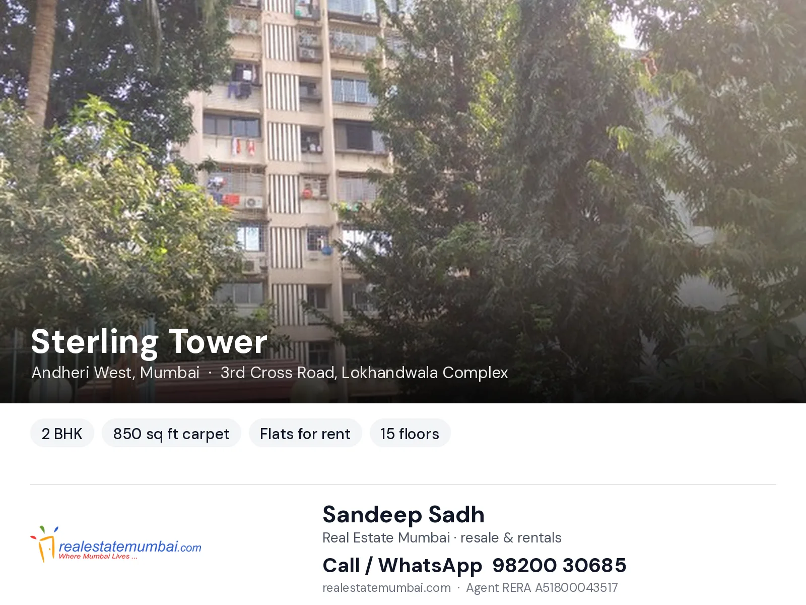 Sterling Tower, Andheri West, Mumbai — 2 BHK flats for rent | Real Estate Mumbai, Sandeep Sadh 98200 30685