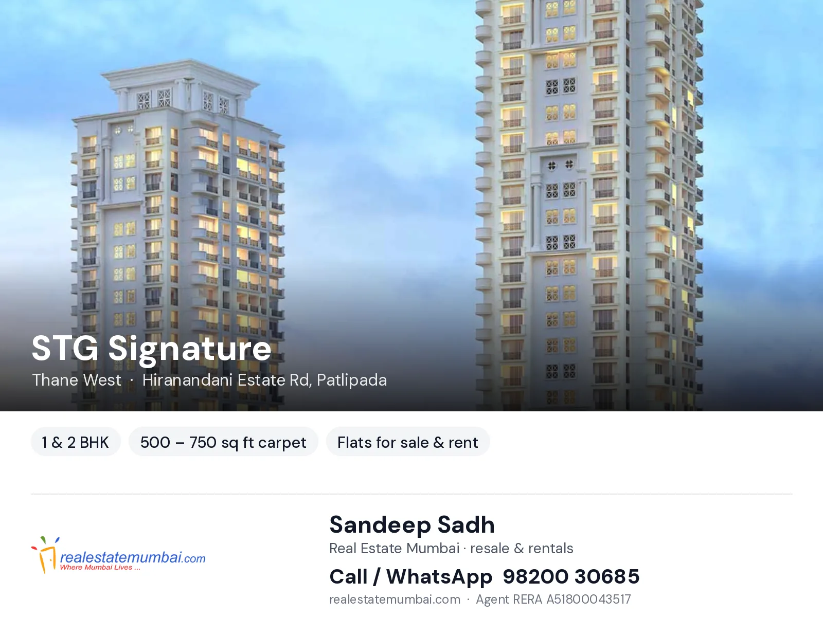 STG Signature, Thane West — 1 & 2 BHK flats for sale & rent | Real Estate Mumbai, Sandeep Sadh 98200 30685