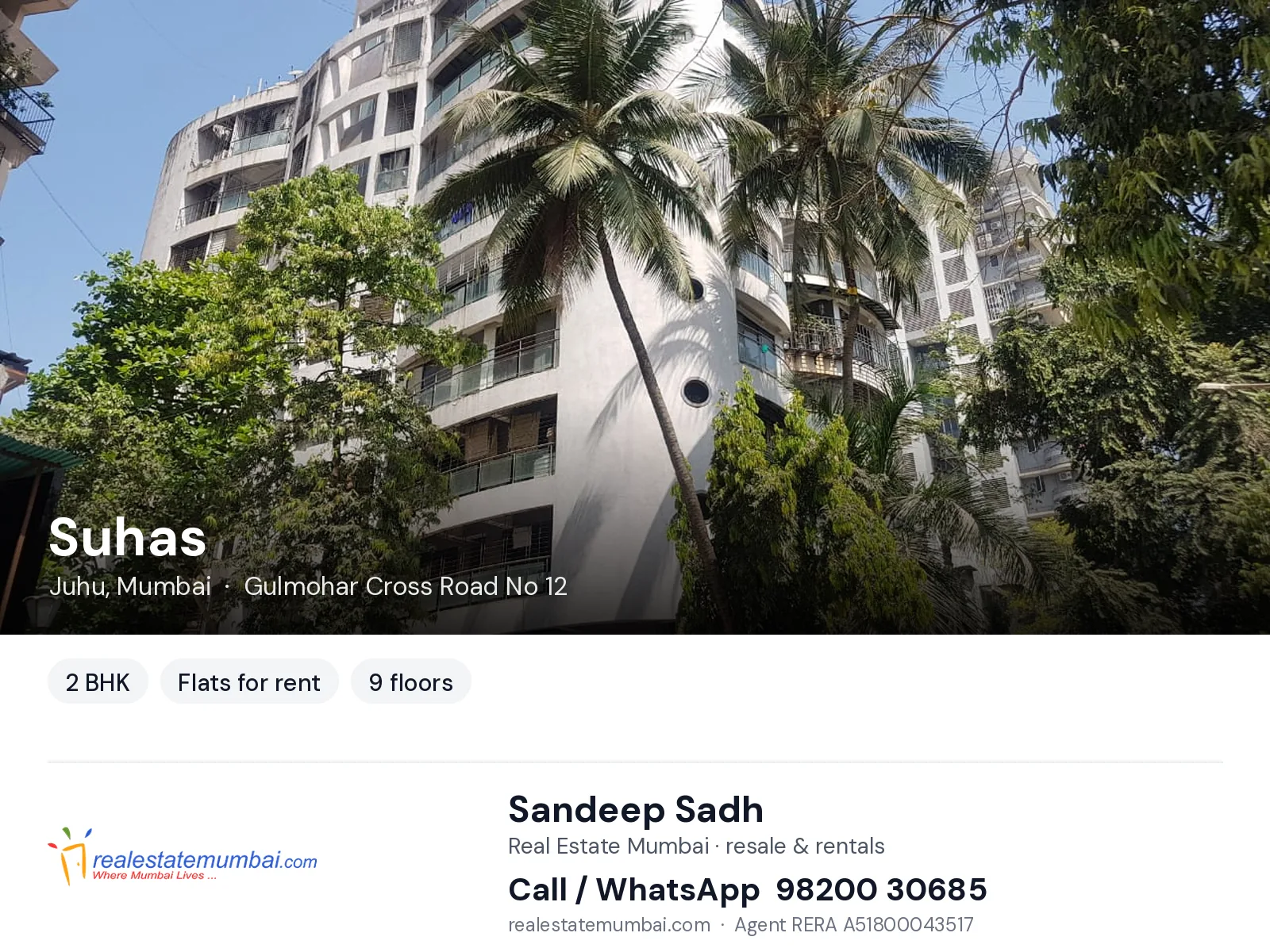 Suhas, Juhu, Mumbai — 2 BHK flats for rent | Real Estate Mumbai, Sandeep Sadh 98200 30685