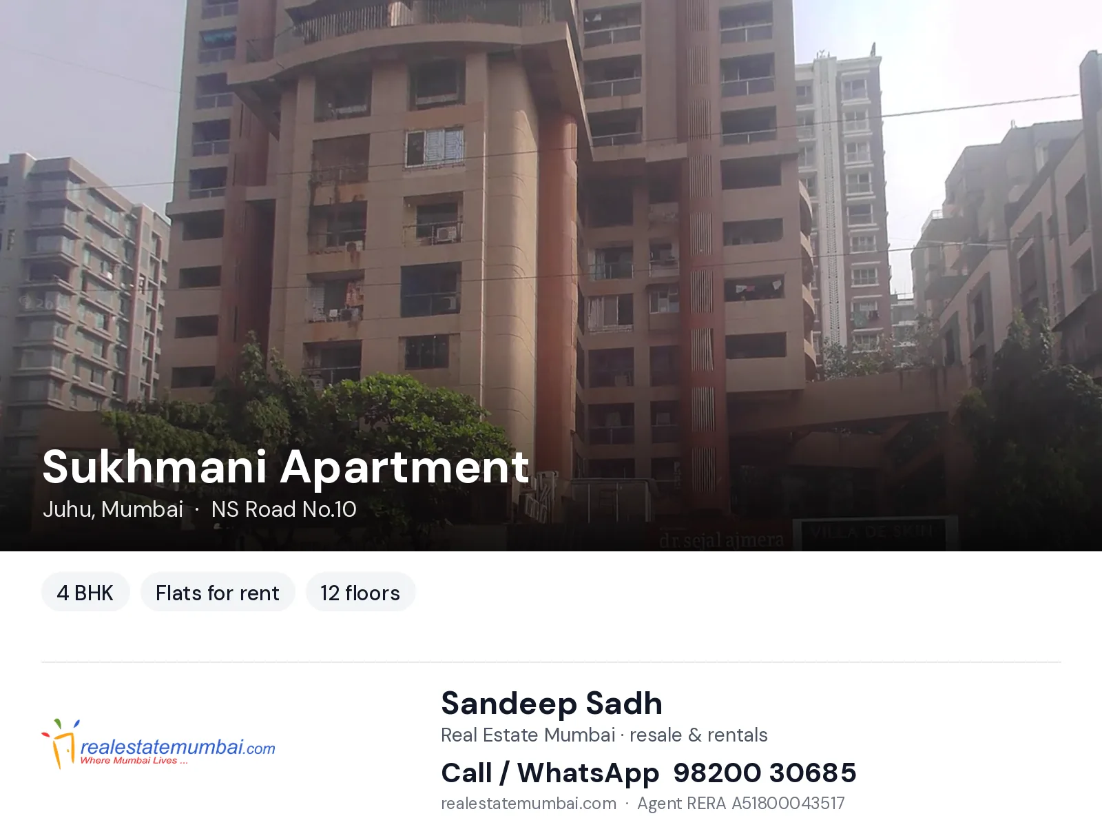 Sukhmani Apartment, Juhu, Mumbai — 4 BHK flats for rent | Real Estate Mumbai, Sandeep Sadh 98200 30685