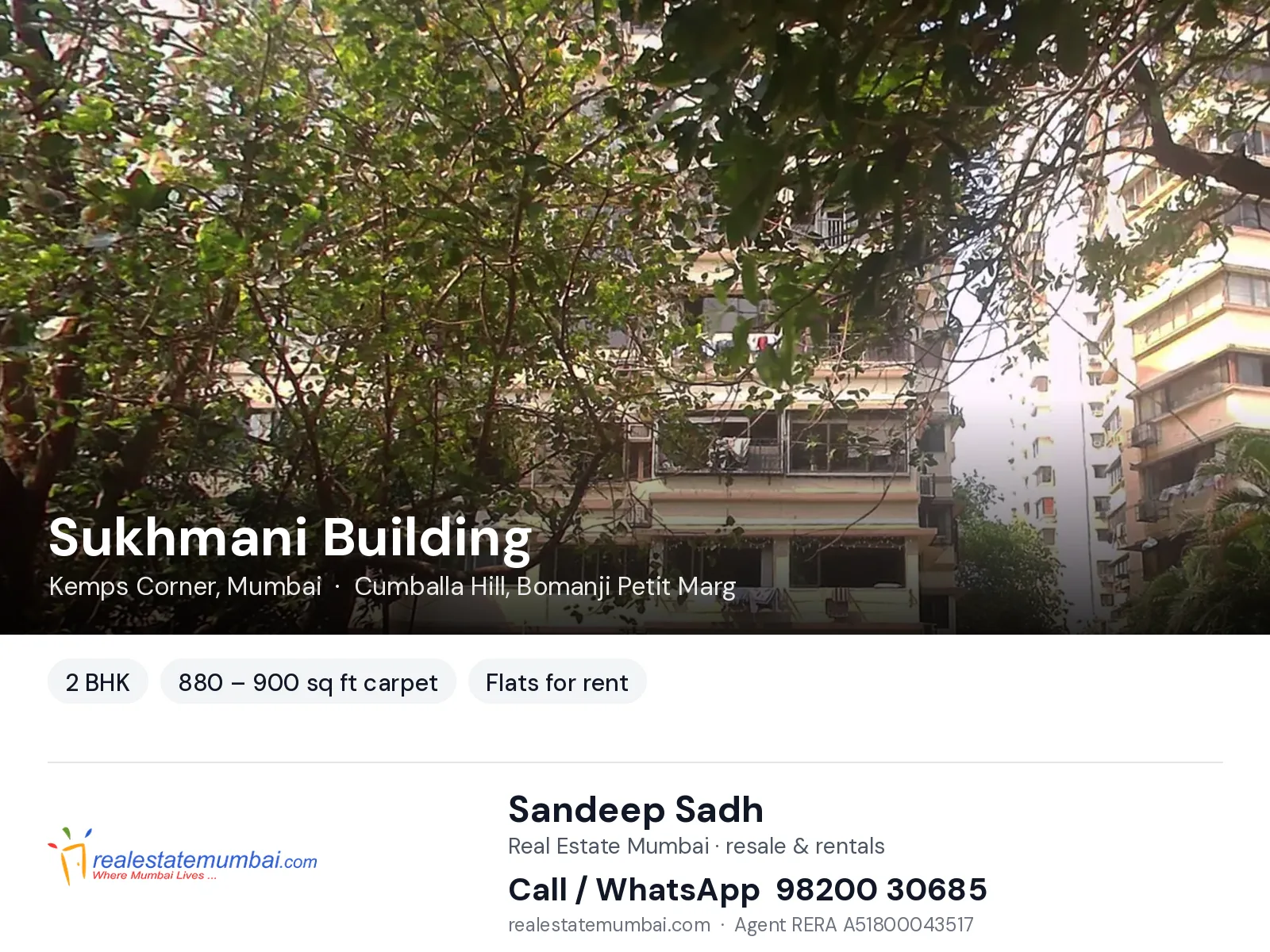 Sukhmani Building, Kemps Corner, Mumbai — 2 BHK flats for rent | Real Estate Mumbai, Sandeep Sadh 98200 30685