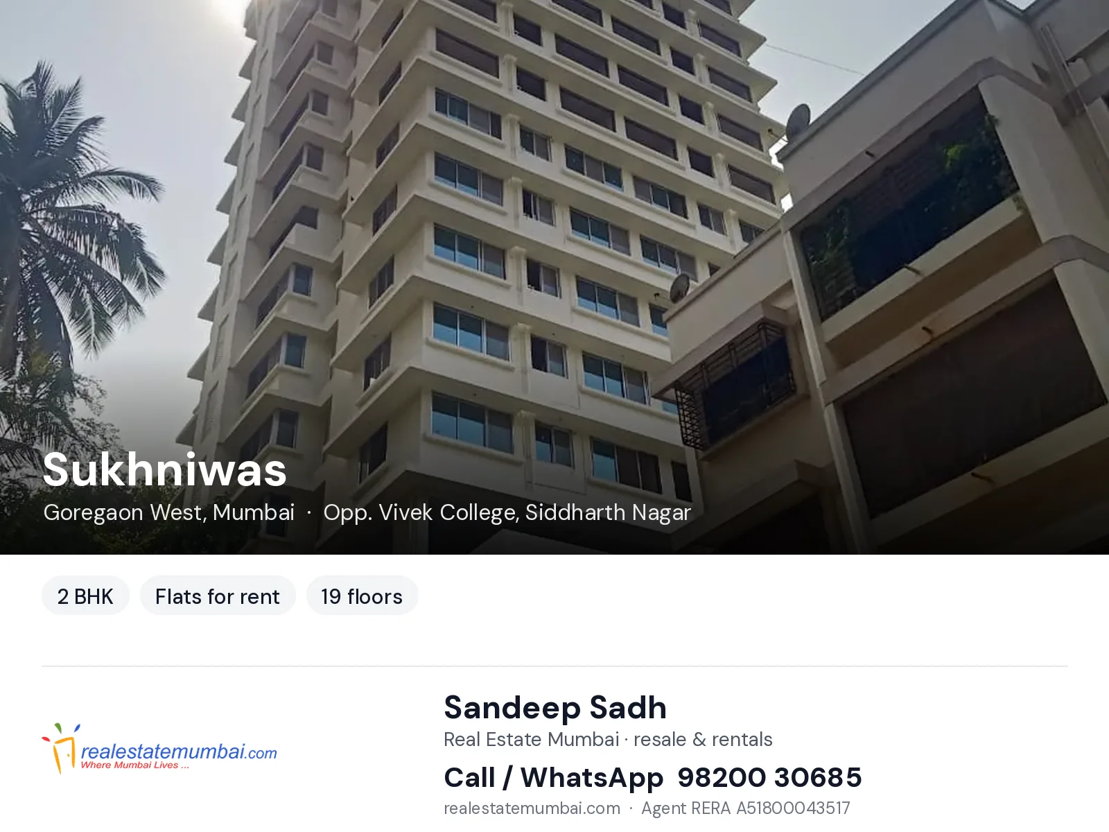 Sukhniwas, Goregaon West, Mumbai — 2 BHK flats for rent | Real Estate Mumbai, Sandeep Sadh 98200 30685