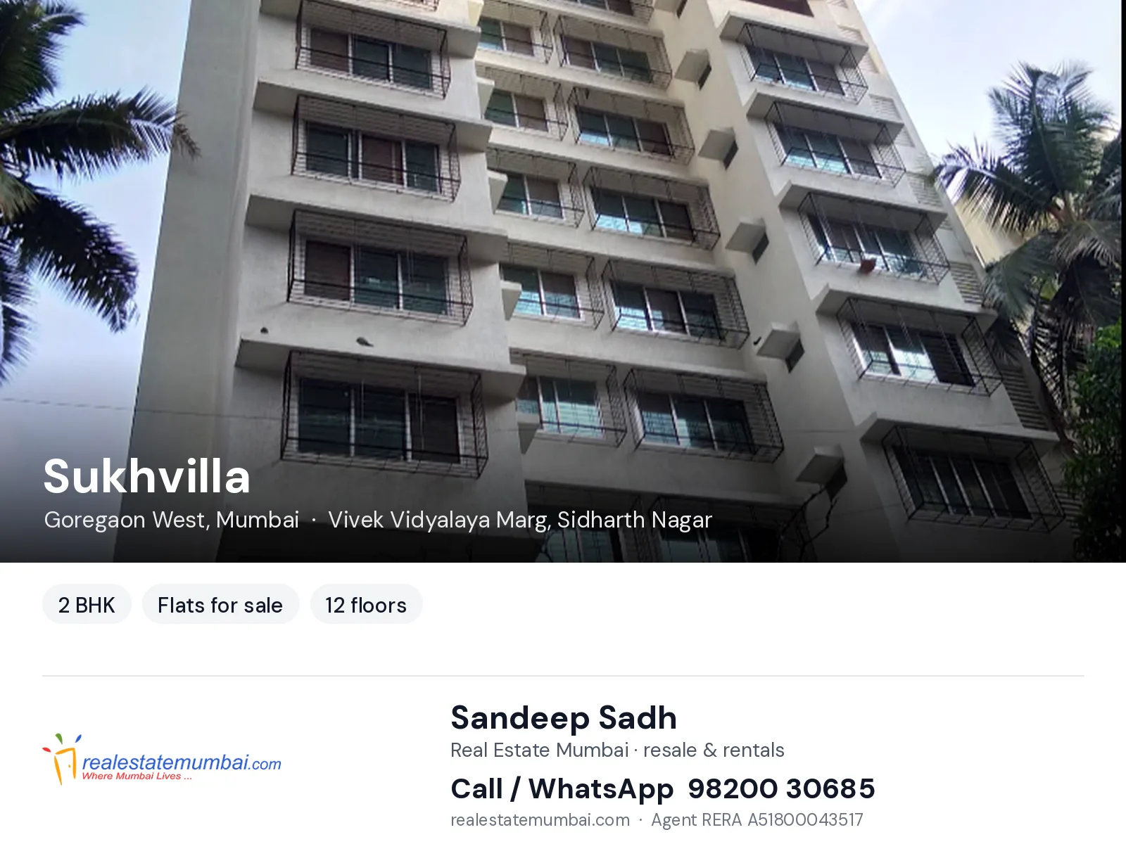 Sukhvilla, Goregaon West, Mumbai — 2 BHK flats for sale | Real Estate Mumbai, Sandeep Sadh 98200 30685
