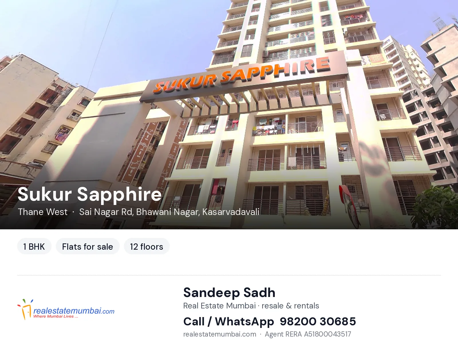 Sukur Sapphire, Thane West — 1 BHK flats for sale | Real Estate Mumbai, Sandeep Sadh 98200 30685