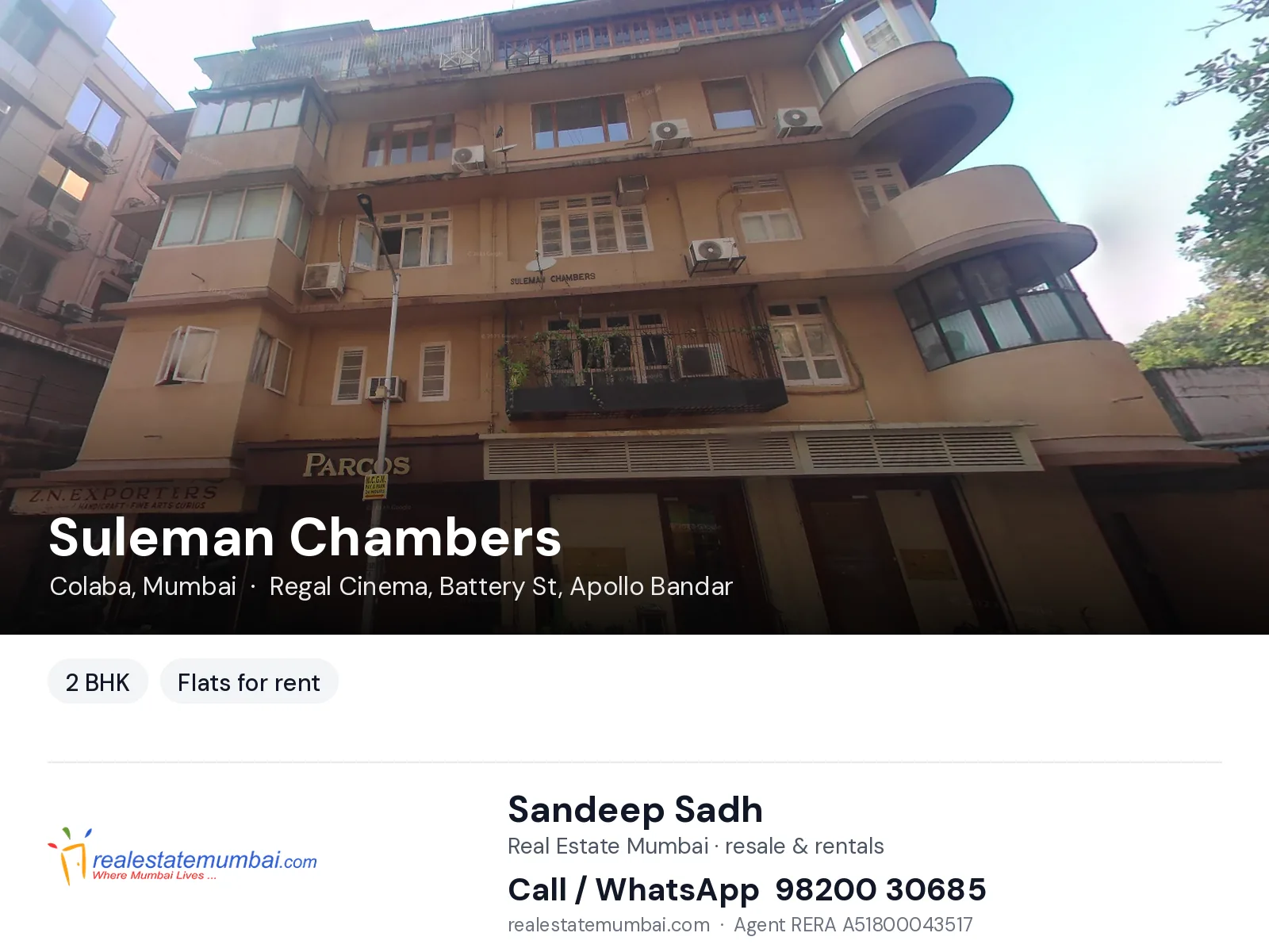 Suleman Chambers, Colaba, Mumbai — 2 BHK flats for rent | Real Estate Mumbai, Sandeep Sadh 98200 30685