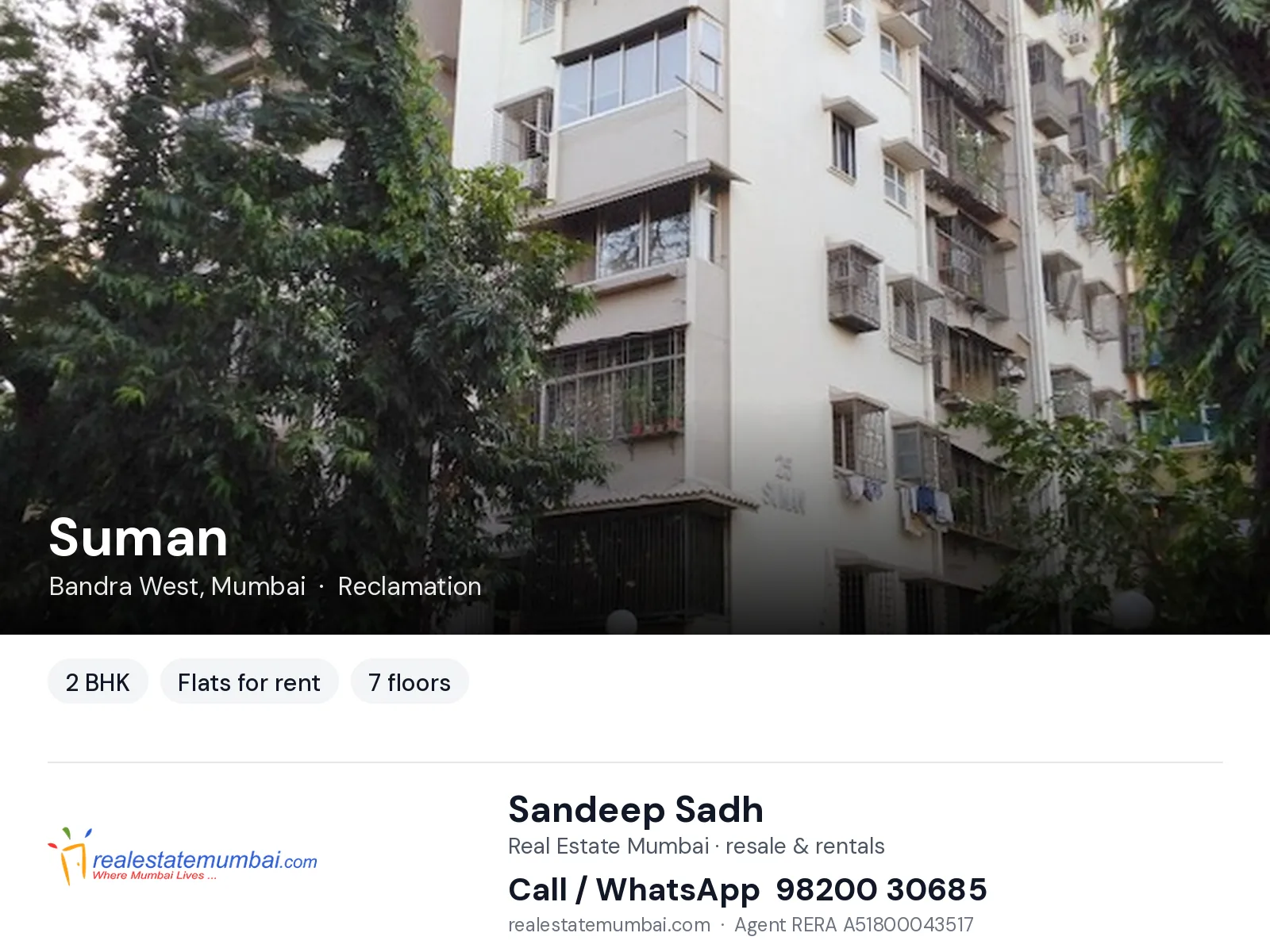 Suman, Bandra West, Mumbai — 2 BHK flats for rent | Real Estate Mumbai, Sandeep Sadh 98200 30685