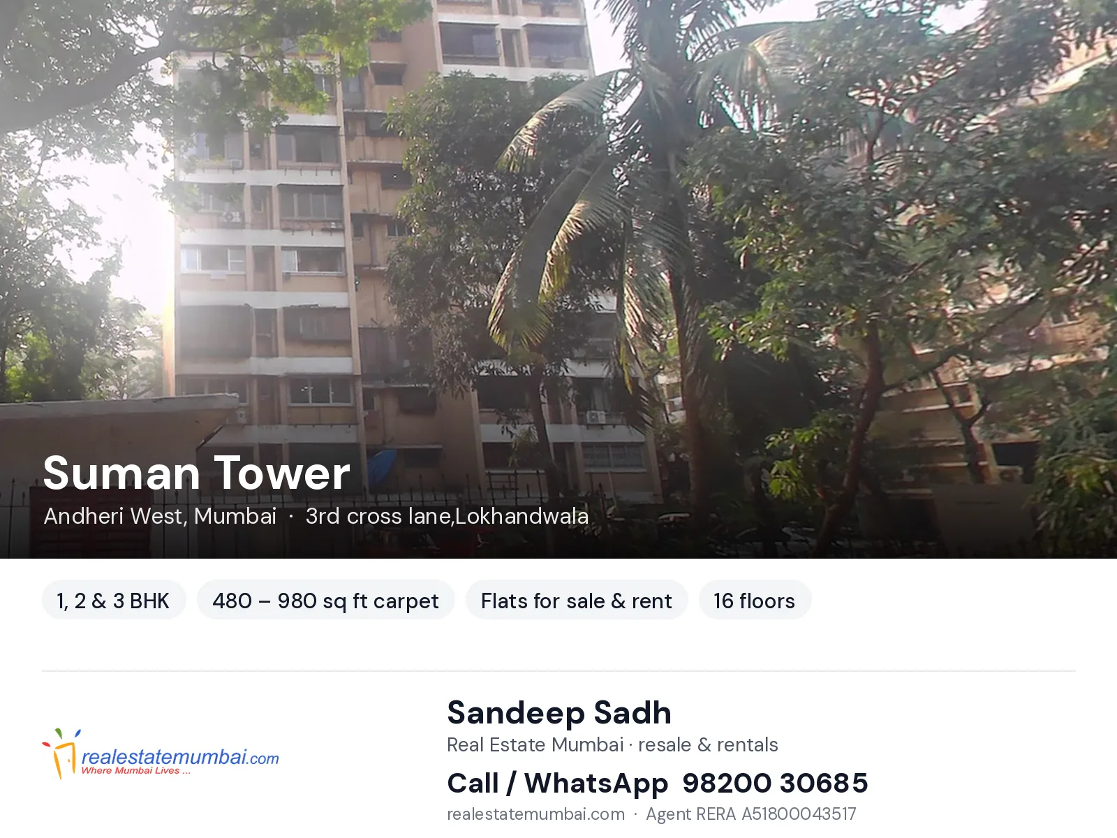 Suman Tower, Andheri West, Mumbai — 1, 2 & 3 BHK flats for sale & rent | Real Estate Mumbai, Sandeep Sadh 98200 30685
