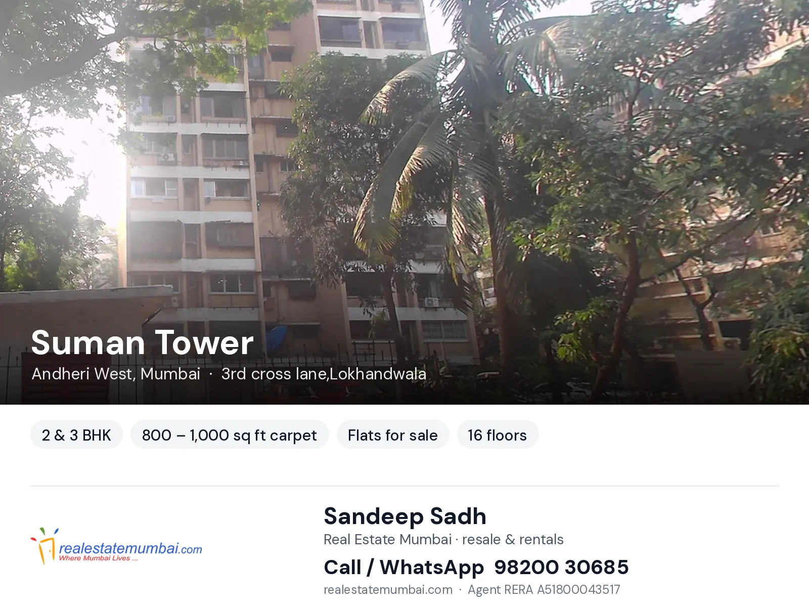 Suman Tower, Andheri West, Mumbai — 2 & 3 BHK flats for sale | Real Estate Mumbai, Sandeep Sadh 98200 30685