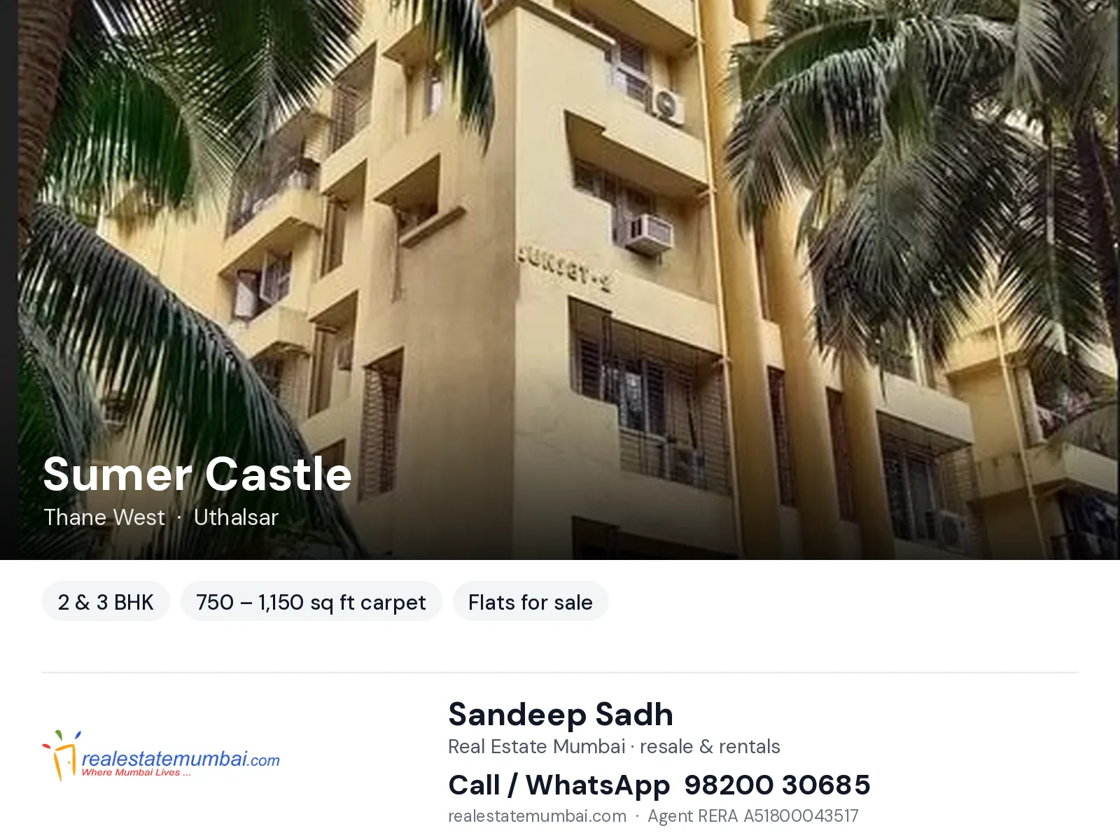 Sumer Castle, Thane West — 2 & 3 BHK flats for sale | Real Estate Mumbai, Sandeep Sadh 98200 30685