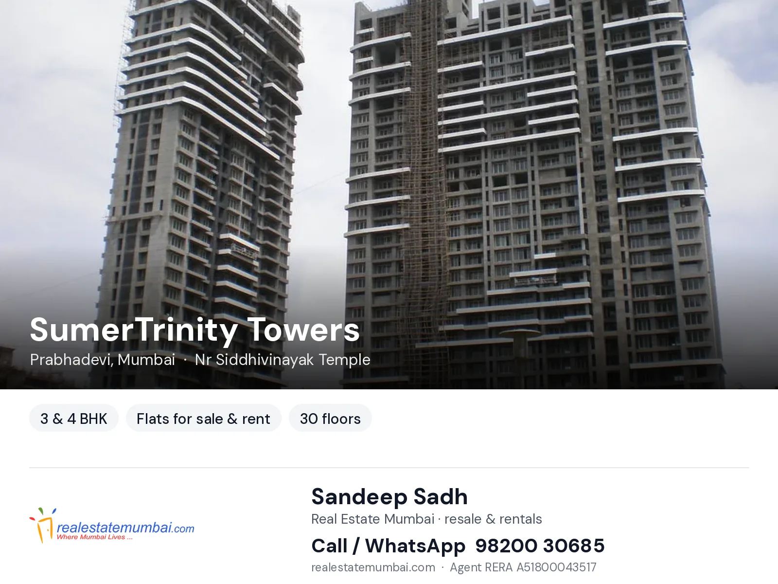 SumerTrinity Towers, Prabhadevi, Mumbai — 3 & 4 BHK flats for sale & rent | Real Estate Mumbai, Sandeep Sadh 98200 30685