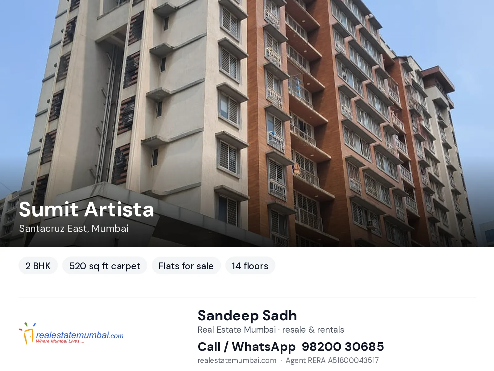 Sumit Artista, Santacruz East, Mumbai — 2 BHK flats for sale | Real Estate Mumbai, Sandeep Sadh 98200 30685