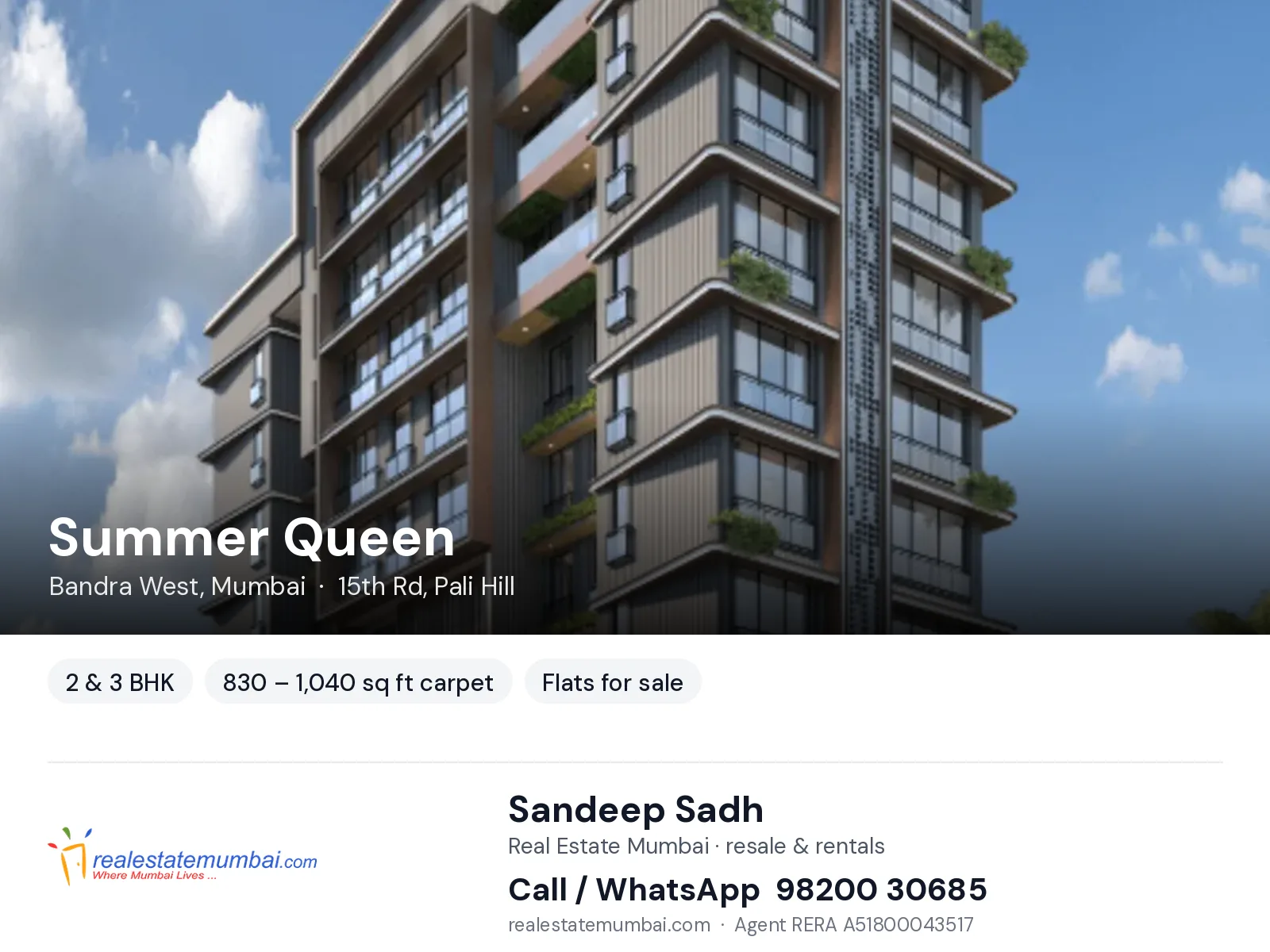 Summer Queen, Bandra West, Mumbai — 2 & 3 BHK flats for sale | Real Estate Mumbai, Sandeep Sadh 98200 30685