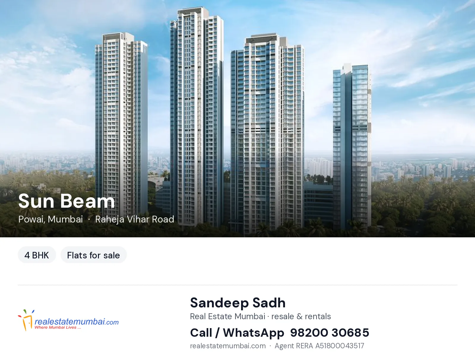 Sun Beam, Powai, Mumbai — 4 BHK flats for sale | Real Estate Mumbai, Sandeep Sadh 98200 30685