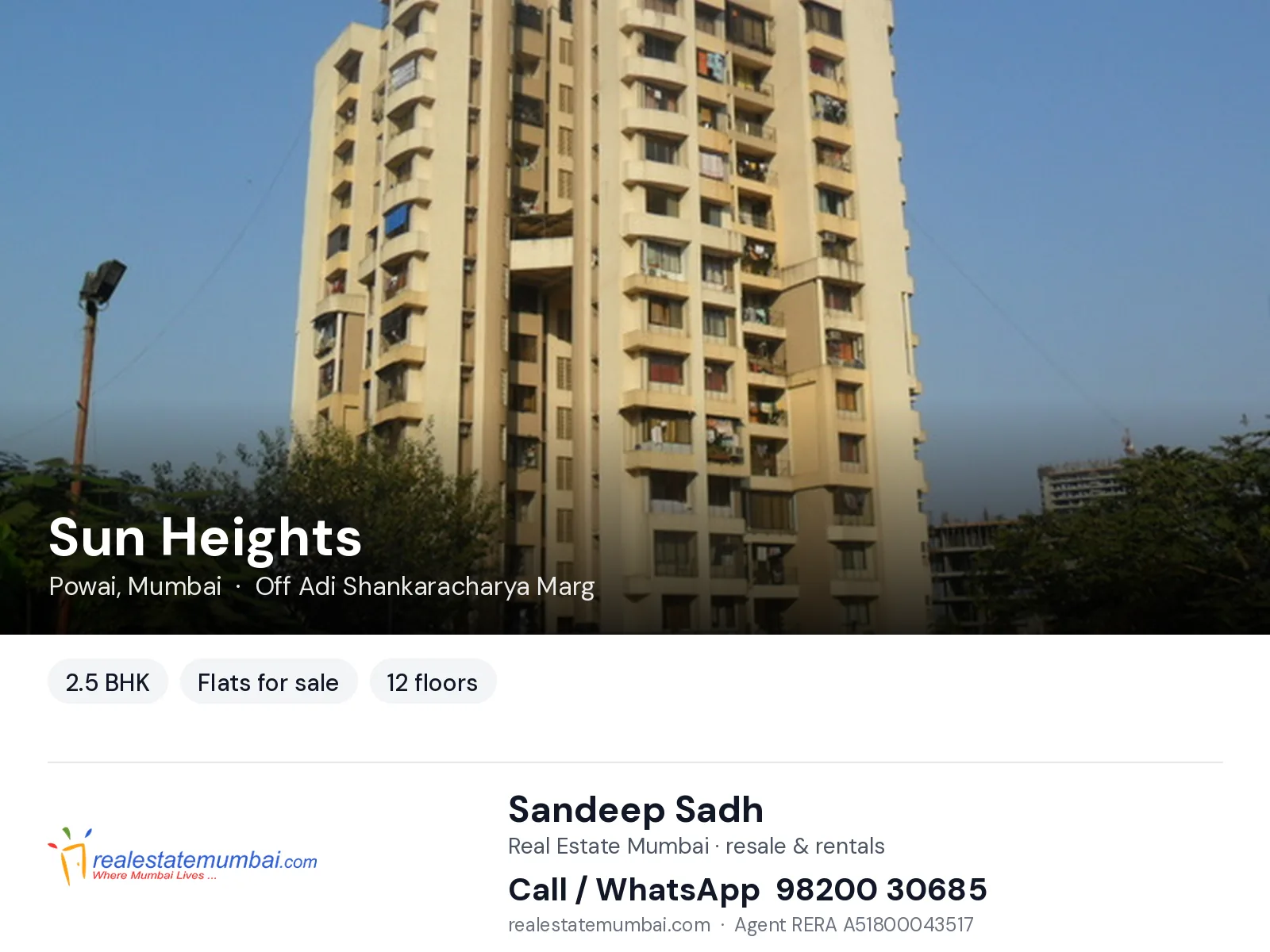 Sun Heights, Powai, Mumbai — 2.5 BHK flats for sale | Real Estate Mumbai, Sandeep Sadh 98200 30685