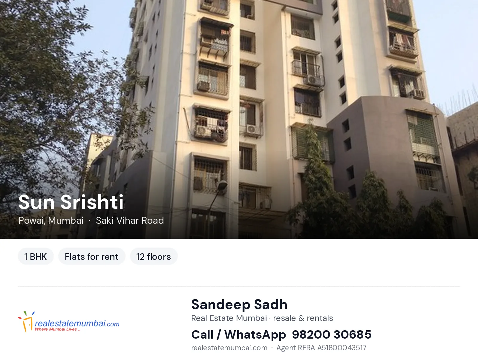 Sun Srishti, Powai, Mumbai — 1 BHK flats for rent | Real Estate Mumbai, Sandeep Sadh 98200 30685