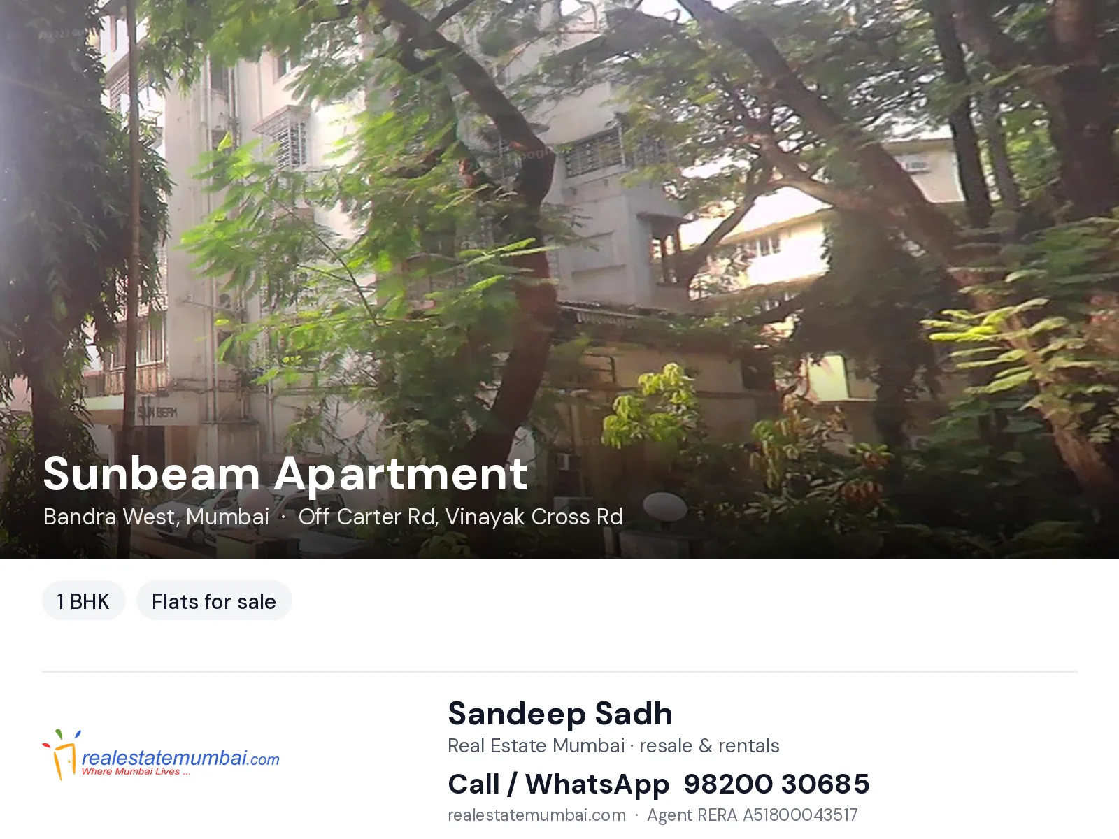 Sunbeam Apartment, Bandra West, Mumbai — 1 BHK flats for sale | Real Estate Mumbai, Sandeep Sadh 98200 30685
