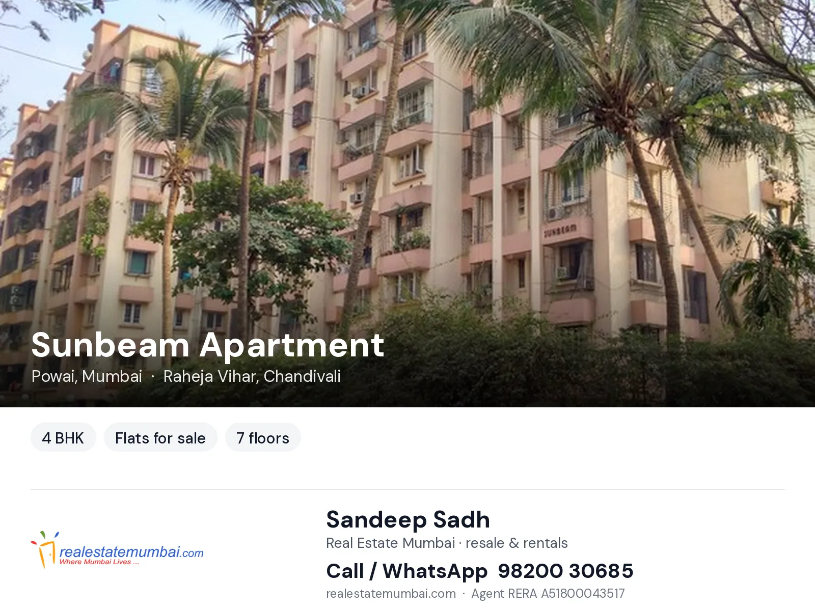 Sunbeam Apartment, Powai, Mumbai — 4 BHK flats for sale | Real Estate Mumbai, Sandeep Sadh 98200 30685