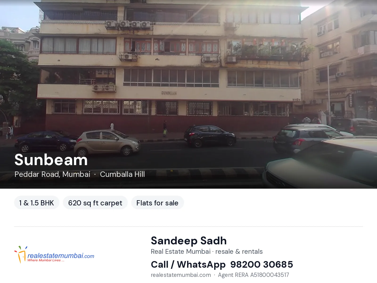 Sunbeam, Peddar Road, Mumbai — 1 & 1.5 BHK flats for sale | Real Estate Mumbai, Sandeep Sadh 98200 30685