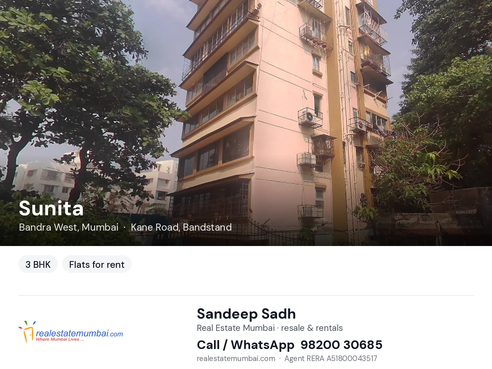 Sunita, Bandra West, Mumbai — 3 BHK flats for rent | Real Estate Mumbai, Sandeep Sadh 98200 30685