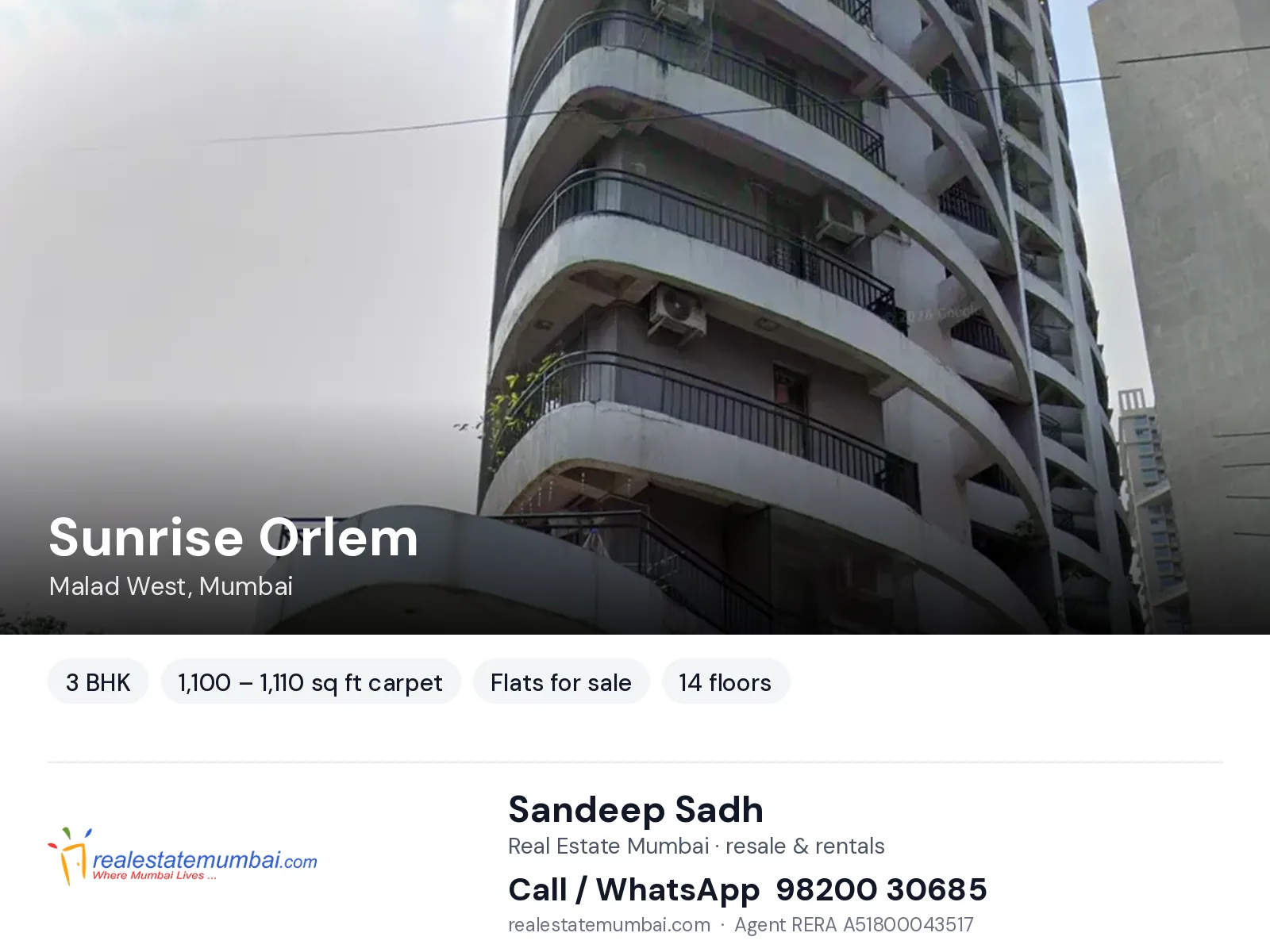 Sunrise Orlem, Malad West, Mumbai — 3 BHK flats for sale | Real Estate Mumbai, Sandeep Sadh 98200 30685