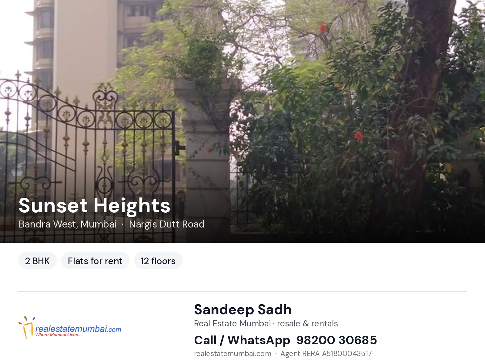 Sunset Heights, Bandra West, Mumbai — 2 BHK flats for rent | Real Estate Mumbai, Sandeep Sadh 98200 30685