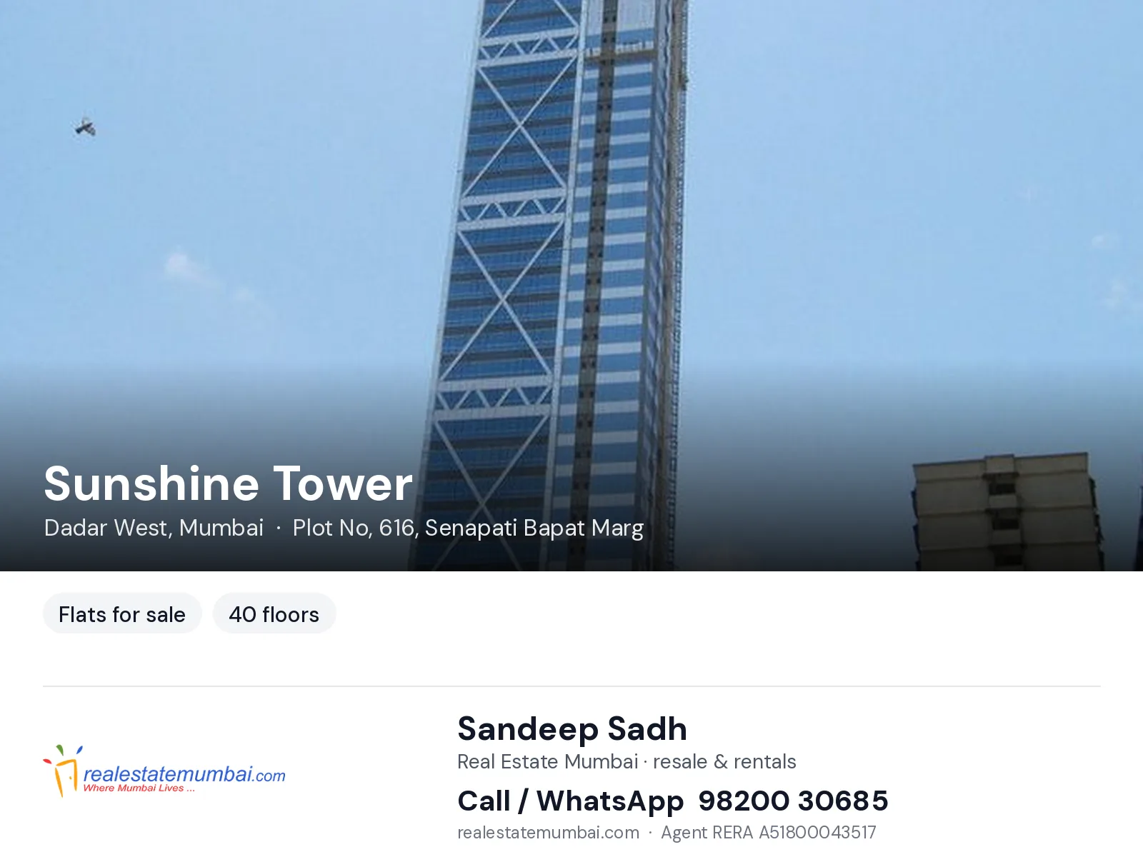 Sunshine Tower, Dadar West, Mumbai — flats for sale | Real Estate Mumbai, Sandeep Sadh 98200 30685