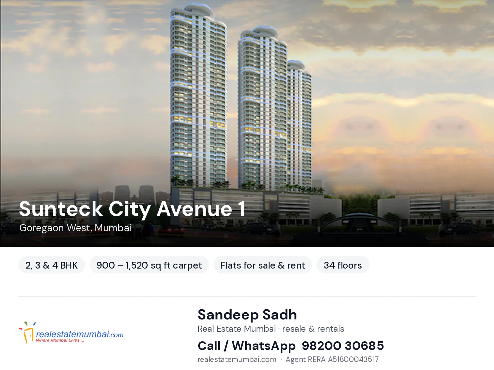 Sunteck City Avenue 1, Goregaon West, Mumbai — 2, 3 & 4 BHK flats for sale & rent | Real Estate Mumbai, Sandeep Sadh 98200 30685