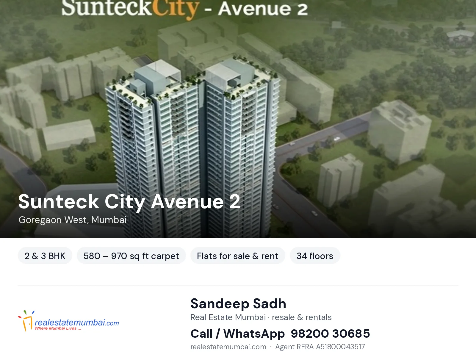 Sunteck City Avenue 2, Goregaon West, Mumbai — 2 & 3 BHK flats for sale & rent | Real Estate Mumbai, Sandeep Sadh 98200 30685
