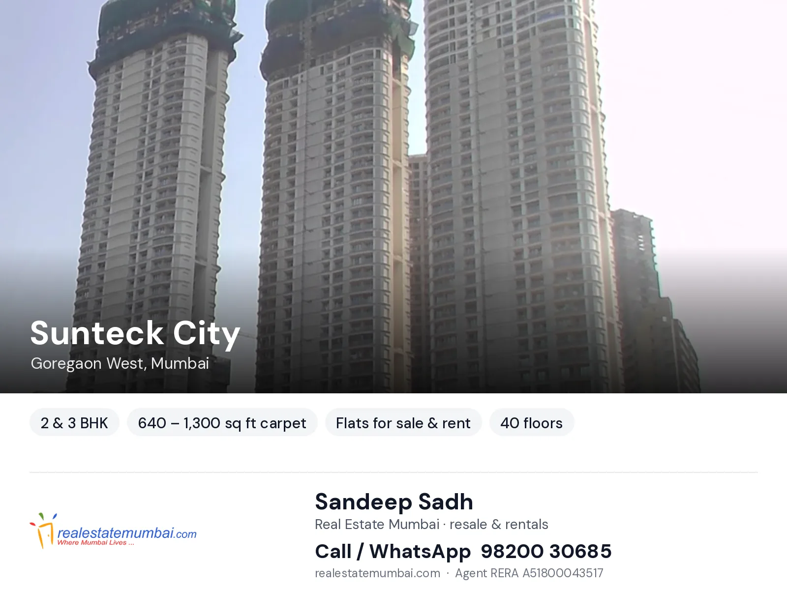 Sunteck City, Goregaon West, Mumbai — 2 & 3 BHK flats for sale & rent | Real Estate Mumbai, Sandeep Sadh 98200 30685