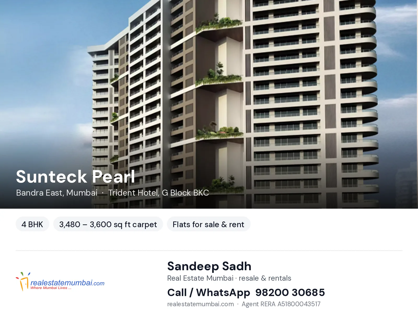 Sunteck Pearl, Bandra East, Mumbai — 4 BHK flats for sale & rent | Real Estate Mumbai, Sandeep Sadh 98200 30685