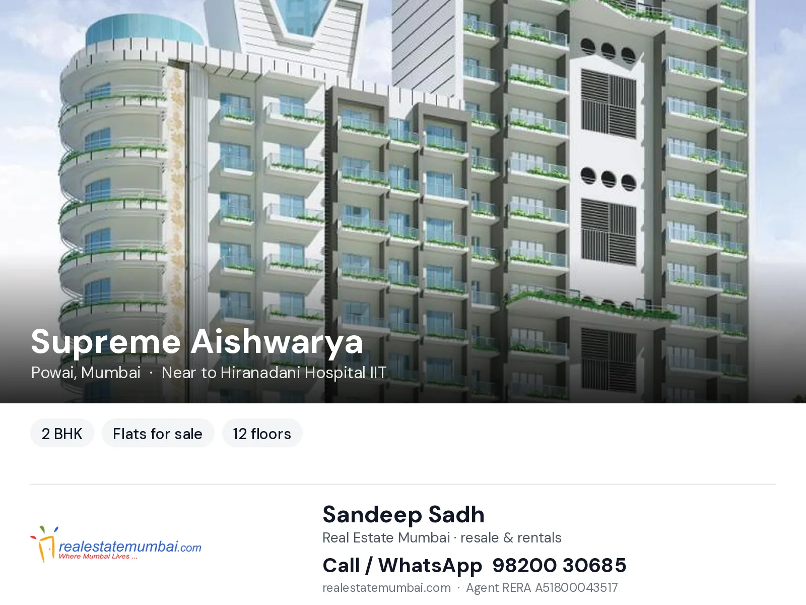 Supreme Aishwarya, Powai, Mumbai — 2 BHK flats for sale | Real Estate Mumbai, Sandeep Sadh 98200 30685